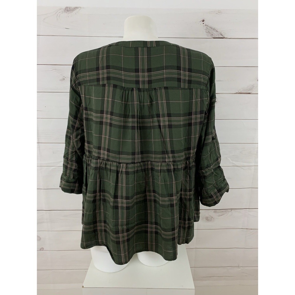 Torrid Womens 3/4 Sleeve Roll Tab Army Green Plaid Button Down Top Shirt Plus 00 - Picture 7 of 8